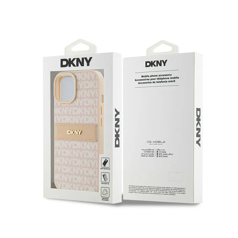 DKNY Leather Mono Stripe & Metal Logo – dėklas iPhone 15 / 14 / 13 (rožinis)