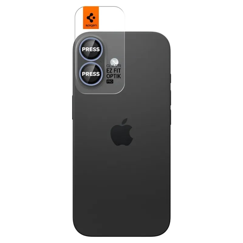 Spigen Optik Pro GLAS.TR EZ Fit fotoaparato apsauginis stikliukas (2 vnt.) – Stiklinė lęšių apsauga skirta iPhone 16 / 16 Plus / 17 (mėlyna)
