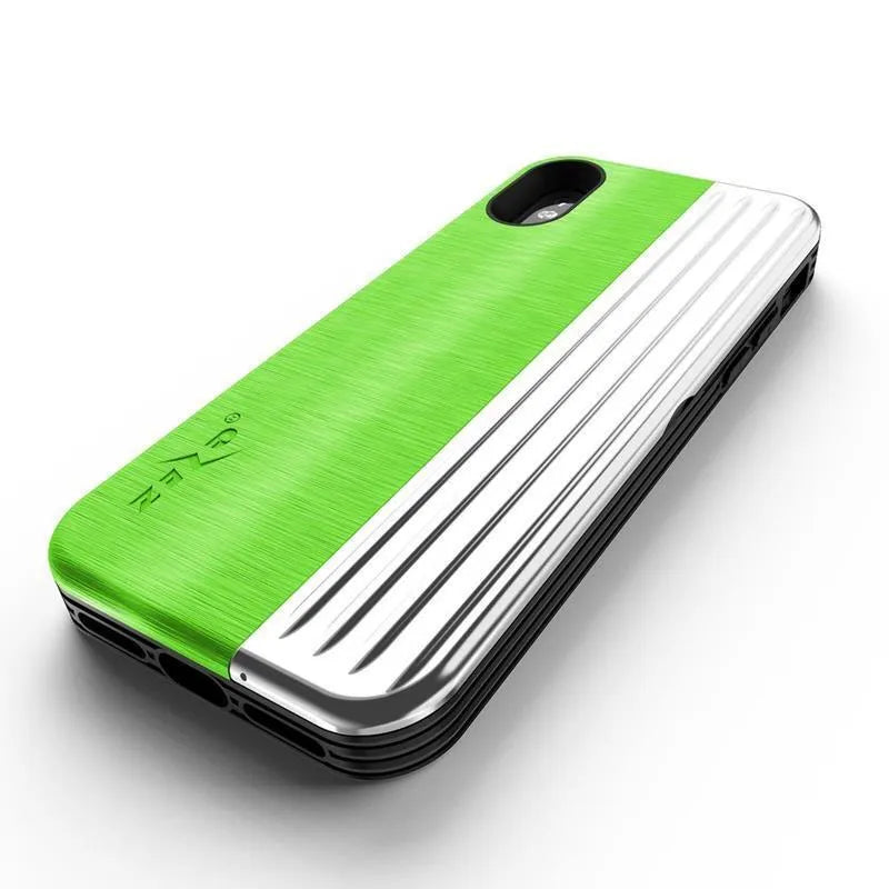„Zizo Retro Series“ – nugarėlės tipo dėklas su pinigine, magnetiniu užsegimu ir integruotu stoveliu, skirtas „iPhone Xs / X“ (neoninė žalia/sidabrinė)