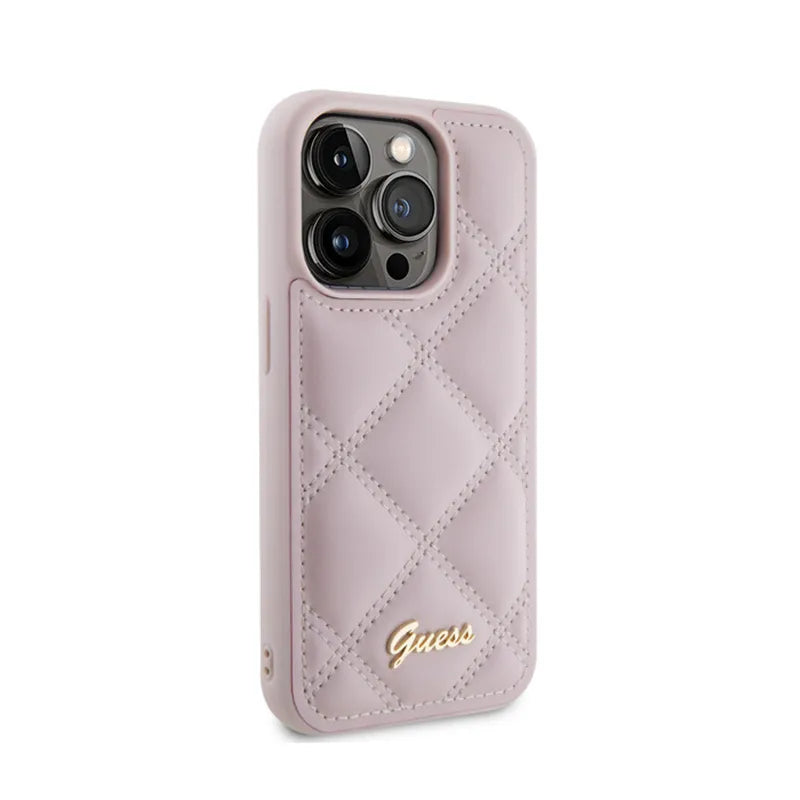 Guess Quilted Metal Logo – dėklas „iPhone 15 Pro“ (rožinis)