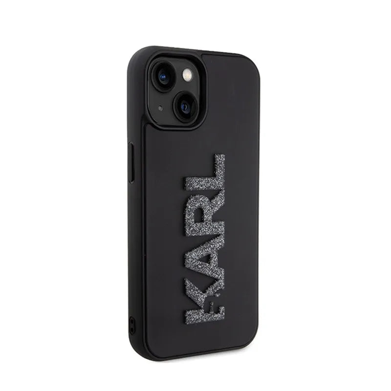 Karl Lagerfeld 3D Rubber Glitter Logo dėklas, skirtas iPhone 15 (juodas)