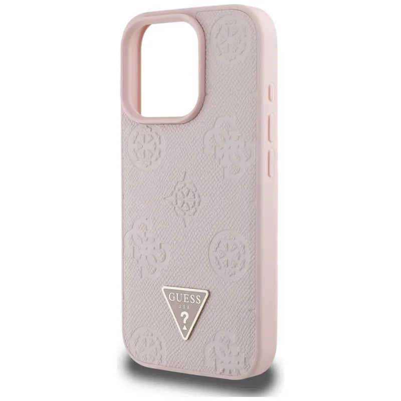 Guess Grained Hot Stamp Peony Triangle Logo MagSafe – Dėklas iPhone 16 Pro (rožinis)
