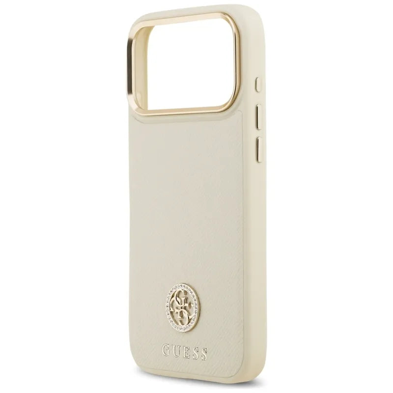Guess Grained Strass Logo MagSafe - Dėklas iPhone 17 Pro Max (smėlio spalvos)