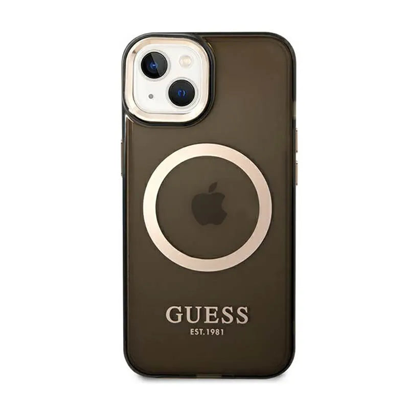Guess Gold Outline Translucent MagSafe – Dėklas iPhone 14 Plus (juodas)