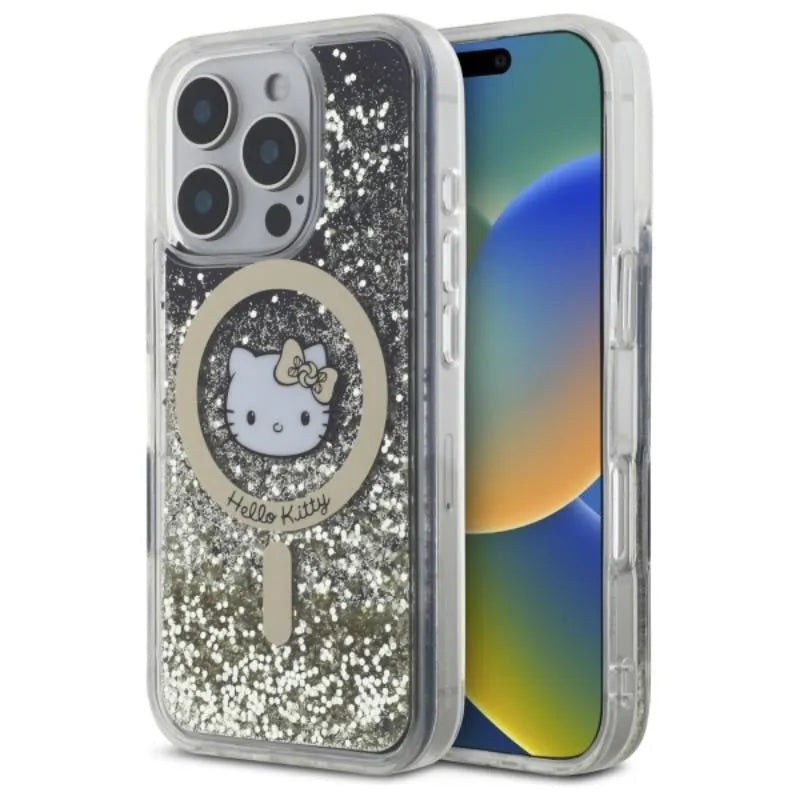 Hello Kitty Liquid Glitter Fever MagSafe - dėklas iPhone 16 Pro (juodas/auksinis)