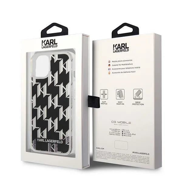 Karl Lagerfeld Monogram Liquid Glitter – dėklas, skirtas iPhone 14 (juodas)