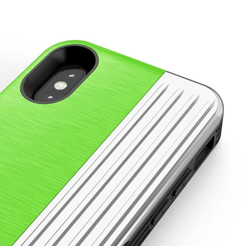 „Zizo Retro Series“ – nugarėlės tipo dėklas su pinigine, magnetiniu užsegimu ir integruotu stoveliu, skirtas „iPhone Xs / X“ (neoninė žalia/sidabrinė)