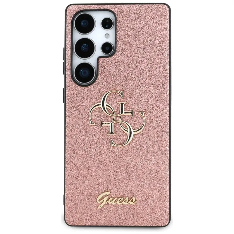„Guess Fixed Glitter Big 4G Metal Logo“ – dėklas „Samsung Galaxy S25 Ultra“ (rožinis)