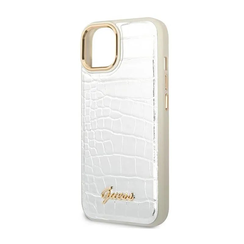 Guess Croco Collection – dėklas iPhone 14 Plus (sidabrinis)