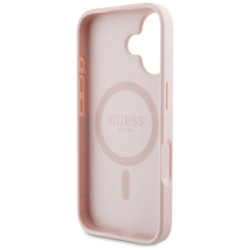 Guess Grained Hot Stamp Peony Triangle Logo MagSafe – dėklas iPhone 16 (rožinis)