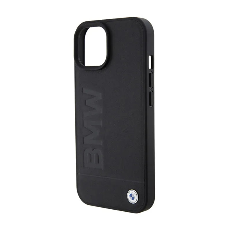 BMW Leather Hot Stamp – dėklas iPhone 15 Plus (juodas)