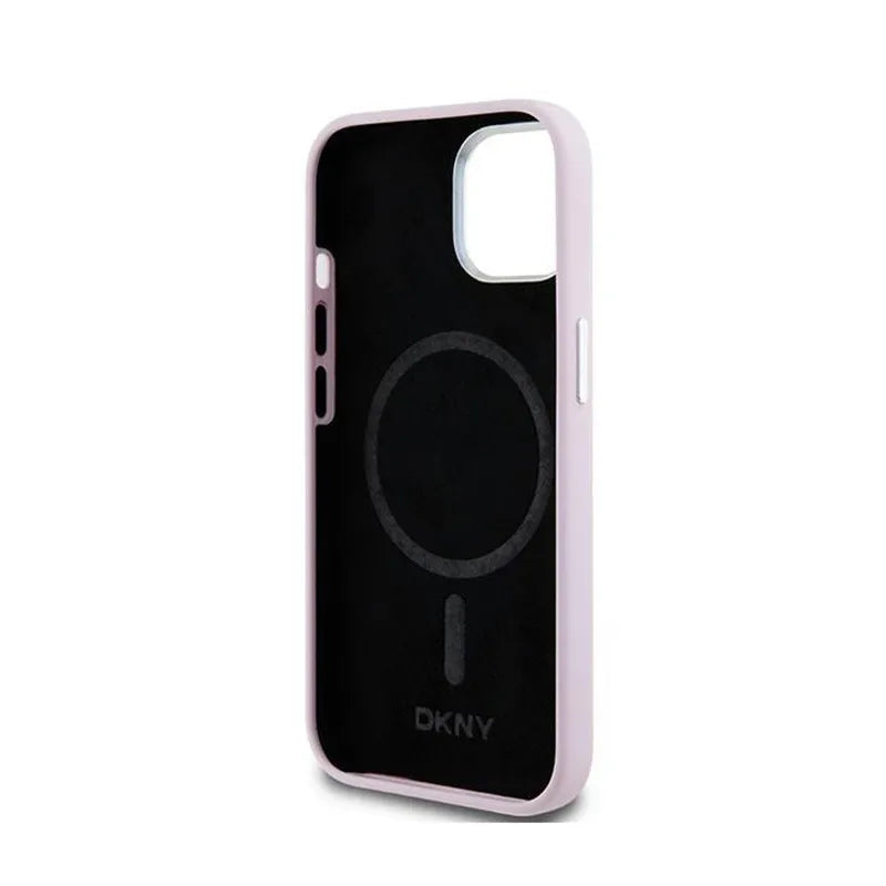 DKNY Liquid Silicone Small Metal Logo MagSafe – dėklas iPhone 15 Plus / 14 Plus (rožinis)