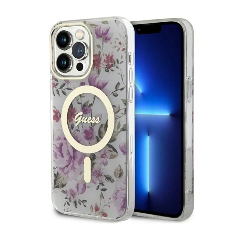 Guess Flower MagSafe – dėklas iPhone 14 Pro (skaidrus)