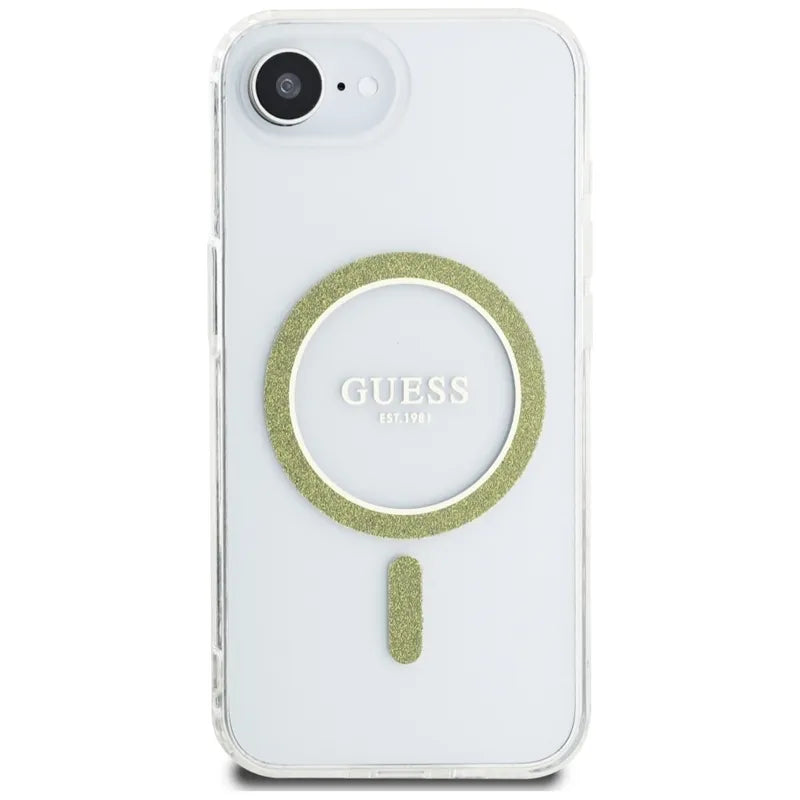 Guess IML Glitter Circle MagSafe – dėklas, skirtas iPhone 16e (skaidrus)