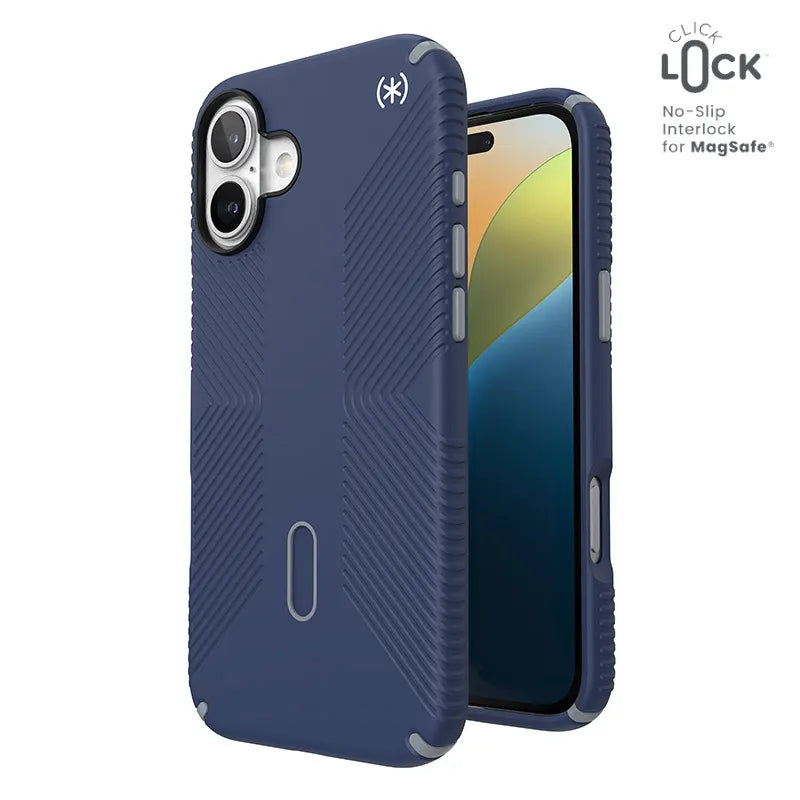 Speck Presidio2 Grip ClickLock & MagSafe – iPhone 16 Plus dėklas (pakrantės mėlyna / dulkėta pilka / balta)