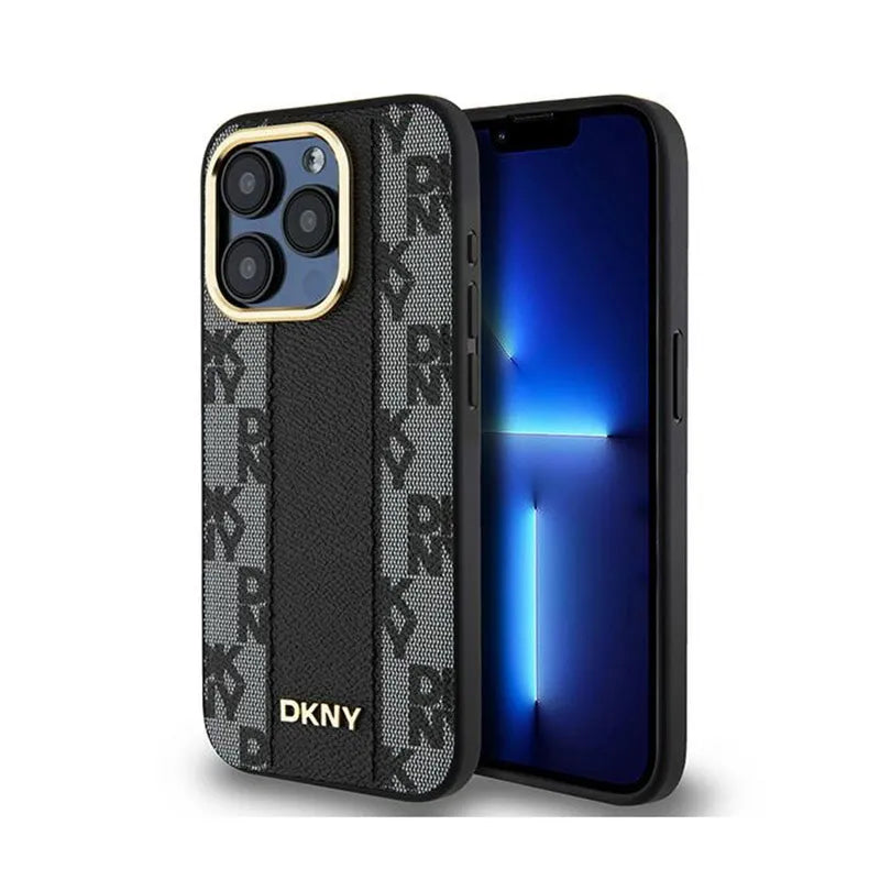 DKNY Leather Checkered Mono Pattern MagSafe – dėklas iPhone 15 Pro Max (juodas)