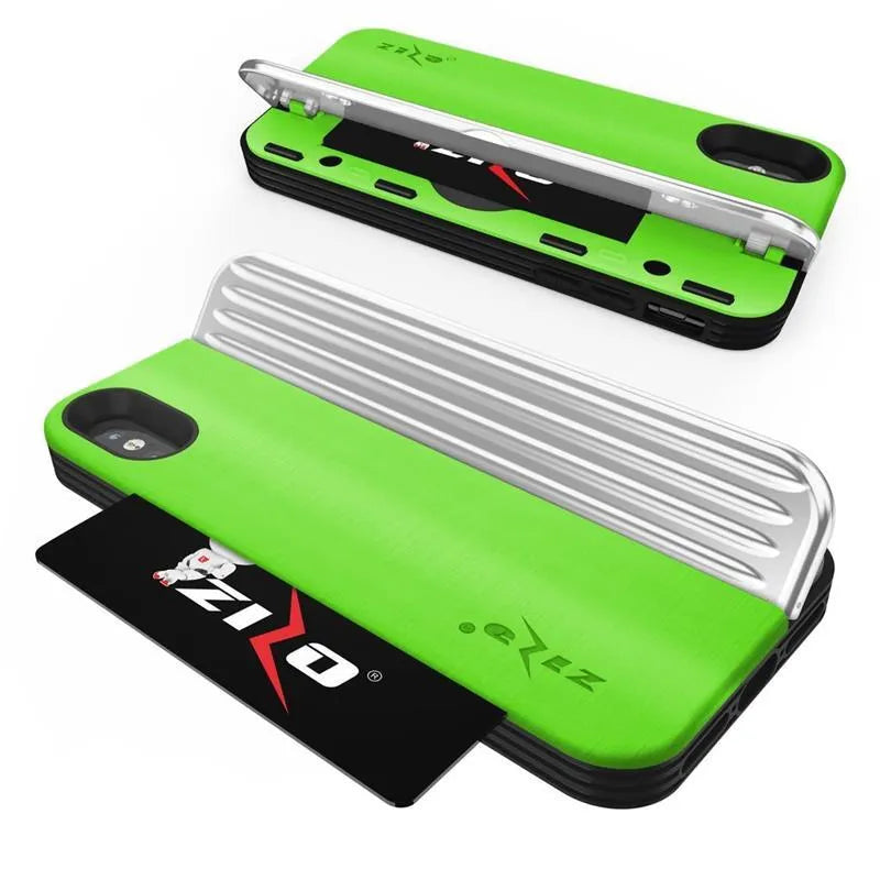 „Zizo Retro Series“ – nugarėlės tipo dėklas su pinigine, magnetiniu užsegimu ir integruotu stoveliu, skirtas „iPhone Xs / X“ (neoninė žalia/sidabrinė)