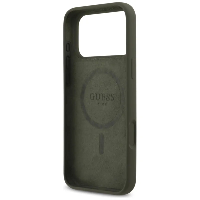 Guess Silicone Triangle Logo MagSafe – dėklas iPhone 17 Pro Max (chaki)