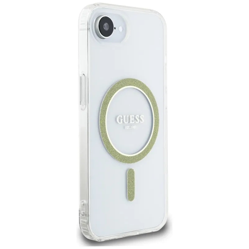 Guess IML Glitter Circle MagSafe – dėklas, skirtas iPhone 16e (skaidrus)