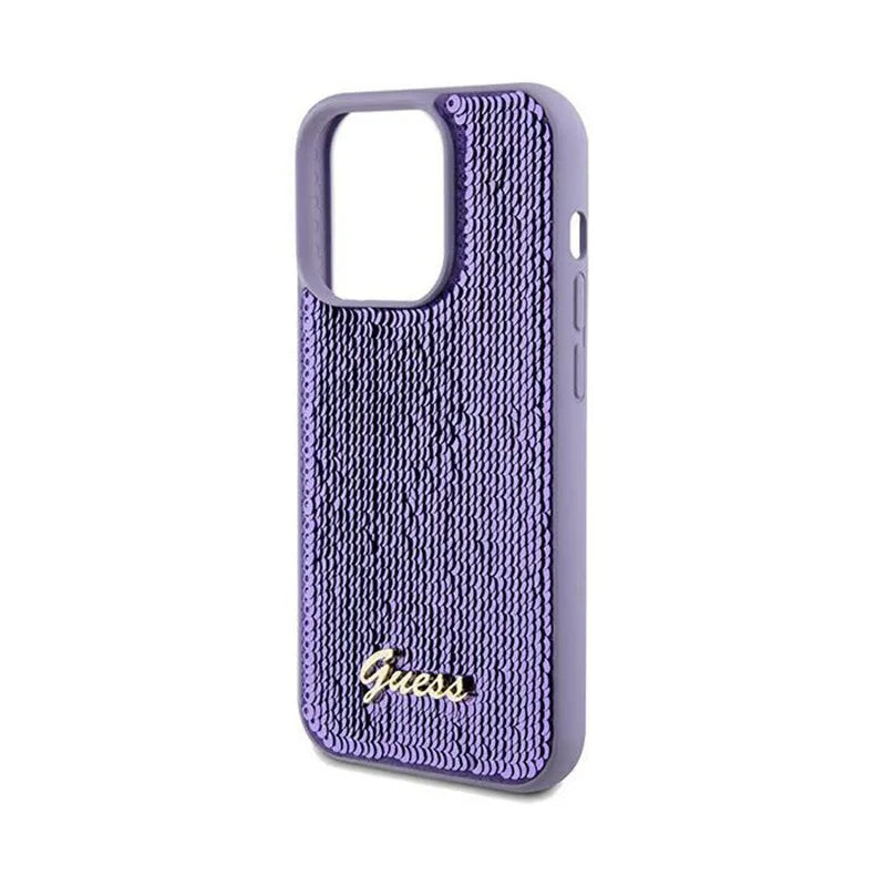 Guess Sequin Script Metal – dėklas iPhone 14 Pro (violetinis)