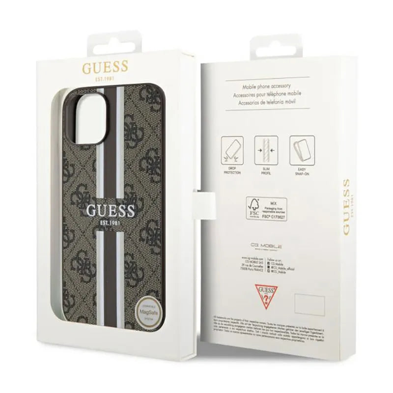 Guess 4G Printed Stripes MagSafe – dėklas iPhone 14 (rudos spalvos)
