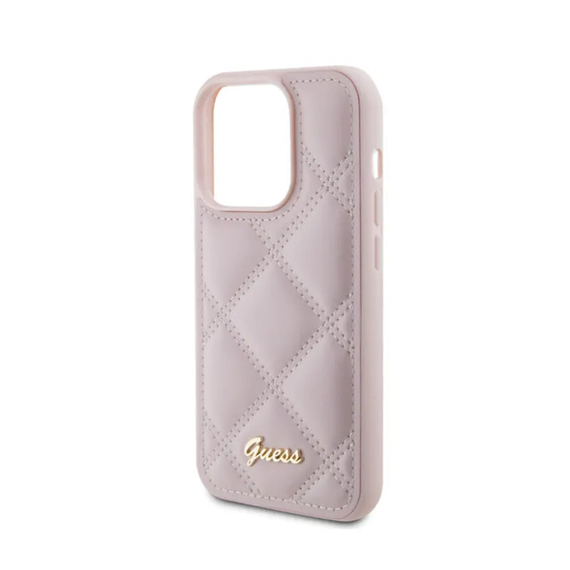 Guess Quilted Metal Logo – dėklas „iPhone 15 Pro“ (rožinis)