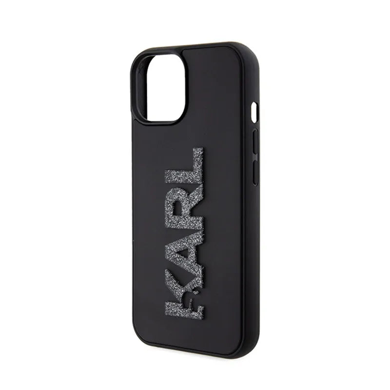 Karl Lagerfeld 3D Rubber Glitter Logo dėklas, skirtas iPhone 15 (juodas)