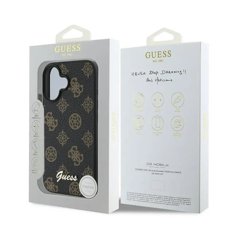 Guess Peony Script MagSafe – dėklas iPhone 16 Plus (juodas)