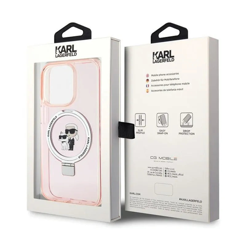 Karl Lagerfeld Ring Stand Karl & Choupette MagSafe dėklas - iPhone 15 Pro (rožinis)