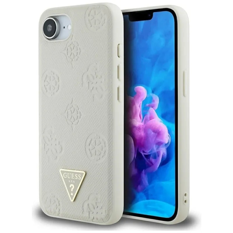 Guess Grained Hot Stamp Peony Triangle Logo MagSafe – dėklas iPhone 16e (smėlio spalvos)
