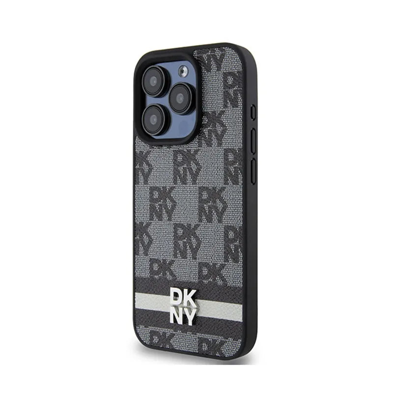 DKNY Leather Checkered Mono Pattern & Printed Stripes – „iPhone 15 Pro Max“ dėklas (juodas)