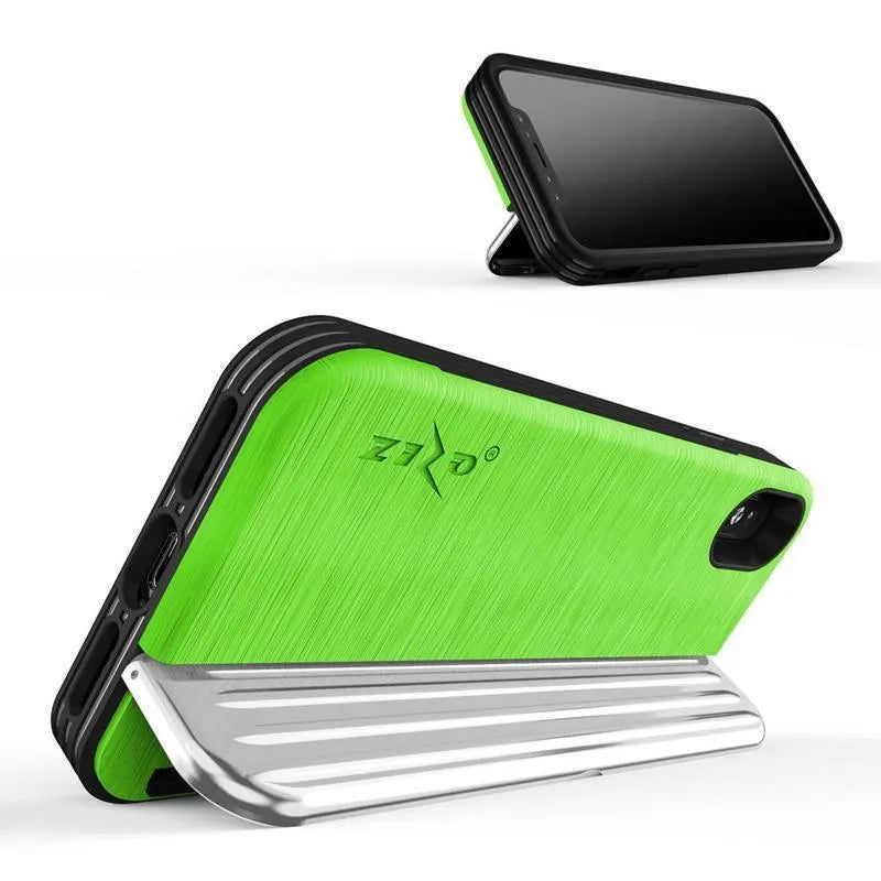 „Zizo Retro Series“ – nugarėlės tipo dėklas su pinigine, magnetiniu užsegimu ir integruotu stoveliu, skirtas „iPhone Xs / X“ (neoninė žalia/sidabrinė)
