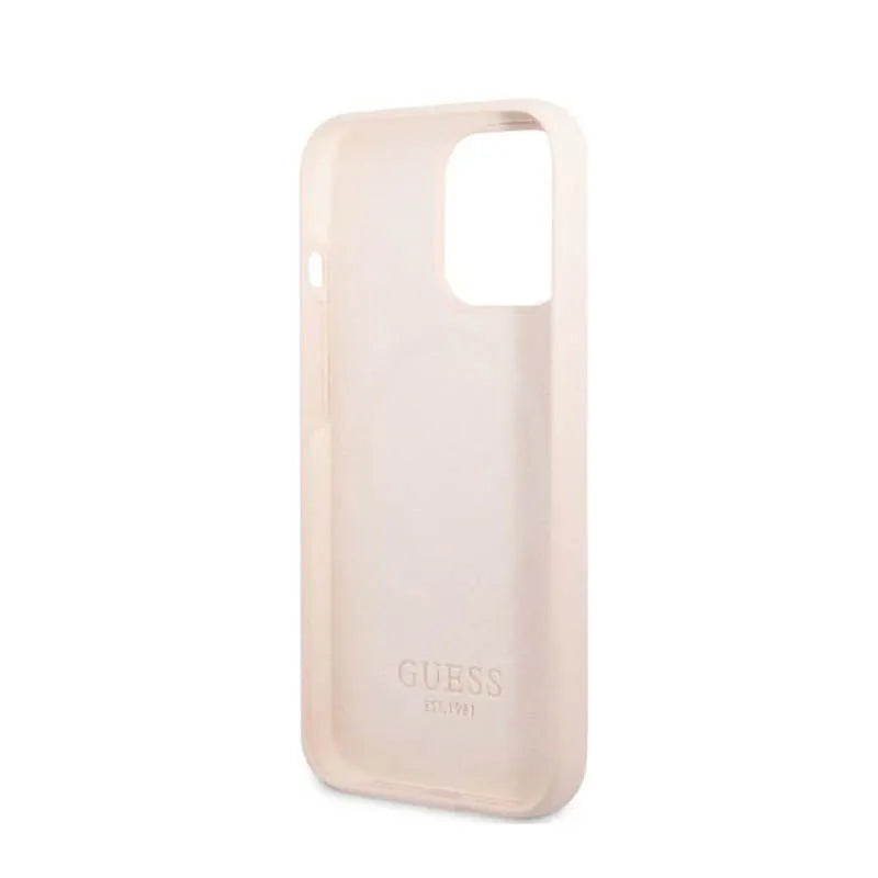 Guess Silicone Logo Plate MagSafe – Dėklas, skirtas iPhone 13 Pro Max (Rožinis)