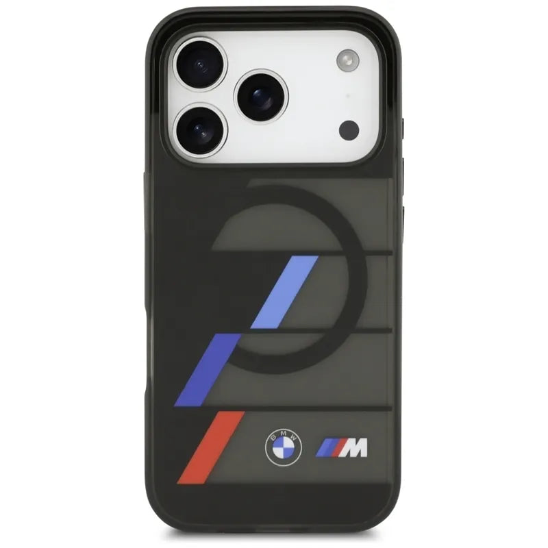 BMW M IML Metal Buttons Tricolor Lines MagSafe – dėklas iPhone 17 Pro (juodas)