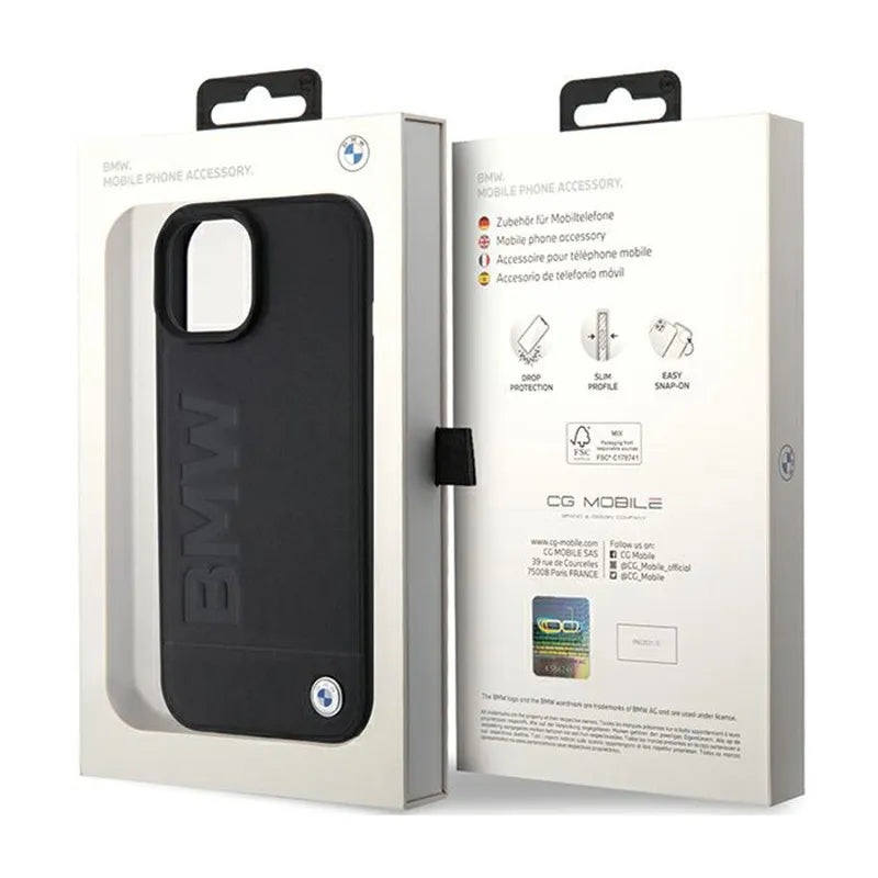 BMW Leather Hot Stamp – dėklas iPhone 15 Plus (juodas)