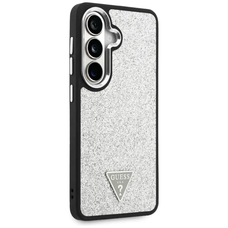 Guess Fixed Glitter Triangle MagSafe – Samsung Galaxy S26 dėklas (sidabrinis)