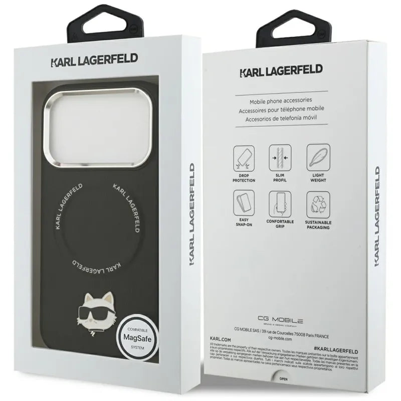 Karl Lagerfeld Choupette Pin MagSafe – dėklas iPhone 17 Pro Max (juodas)