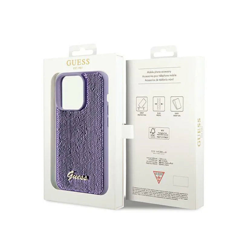 Guess Sequin Script Metal – dėklas iPhone 14 Pro (violetinis)