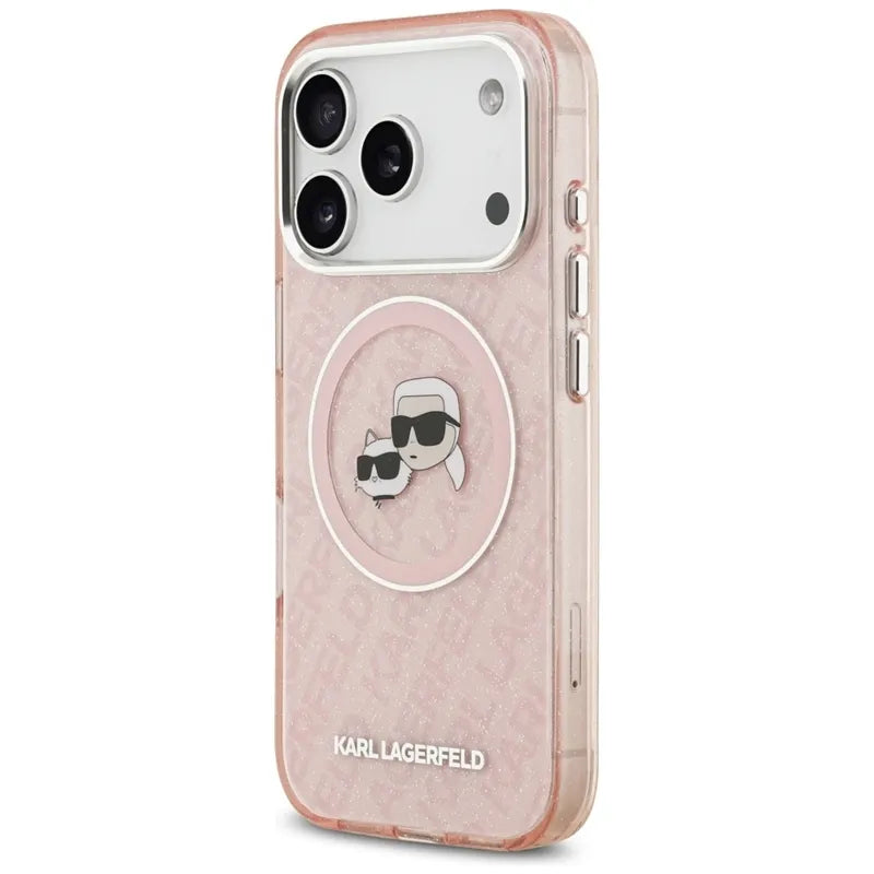 Karl Lagerfeld IML Glitter Karl & Choupette Heads Logo MagSafe - dėklas iPhone 17 Pro Max (rožinis)