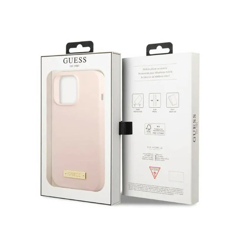 Guess Silicone Logo Plate MagSafe – Dėklas, skirtas iPhone 13 Pro Max (Rožinis)