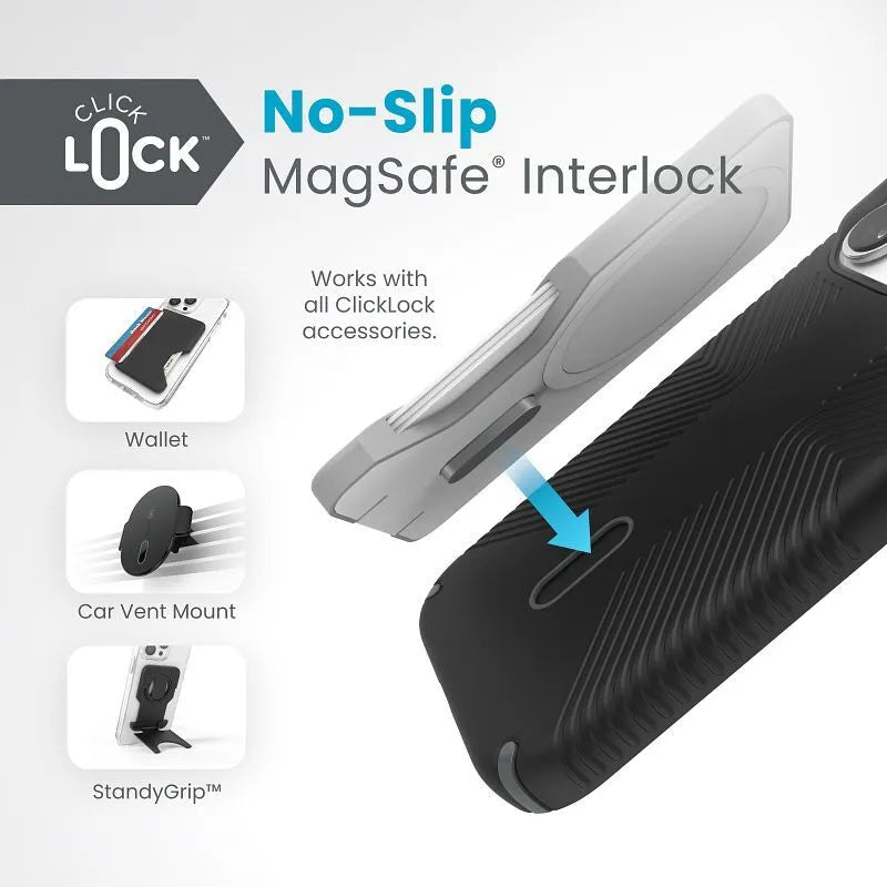 Speck Presidio2 Grip ClickLock & Magsafe dėklas – iPhone 15 Pro dėklas (juodas / pilkas / baltas)