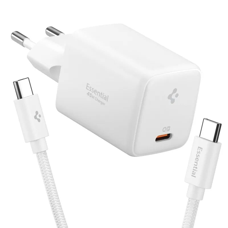 Spigen EE451EU Essential GaN Pro – USB-C PD PPS 45W sieninis įkroviklis + 1 m USB-C laidas (baltas)