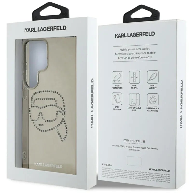Karl Lagerfeld Rhinestones Karl Head Logo – dėklas Samsung Galaxy S25 Ultra (juodas)