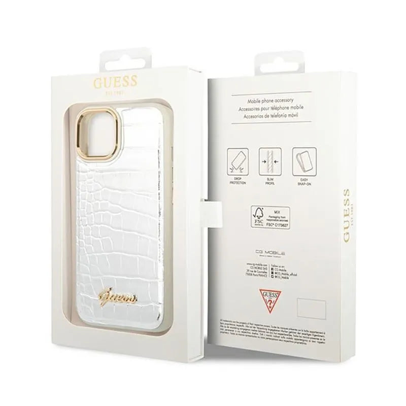 Guess Croco Collection – dėklas iPhone 14 Plus (sidabrinis)