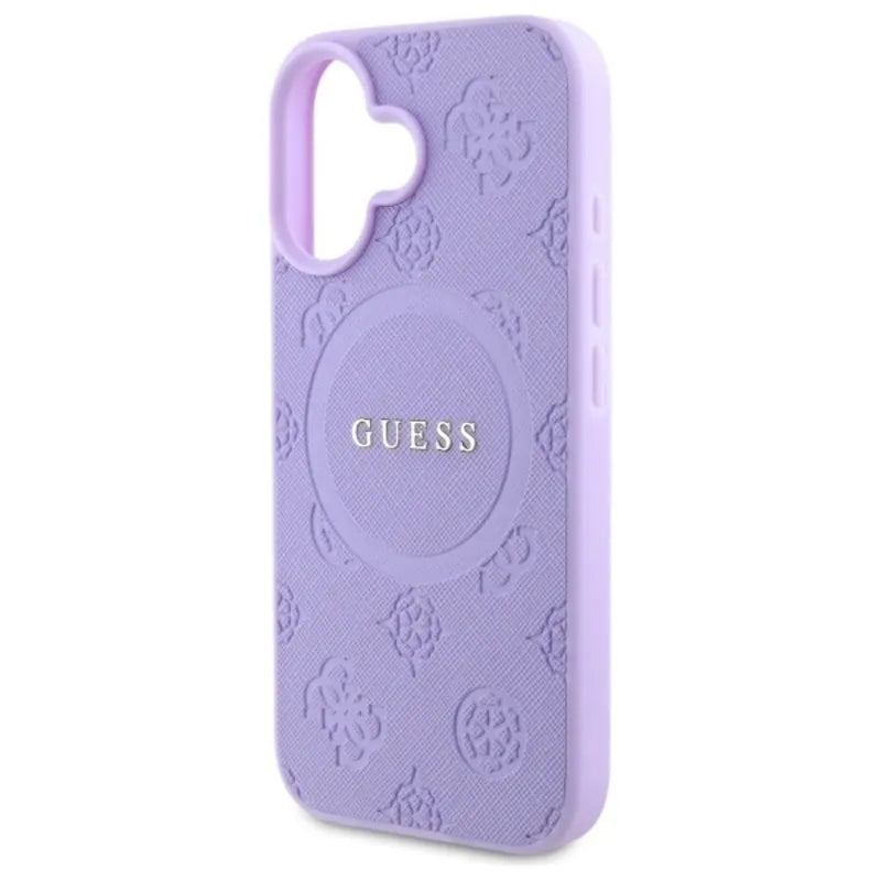 Guess Saffiano Peony Classic Logo MagSafe – dėklas iPhone 16 (violetinis)