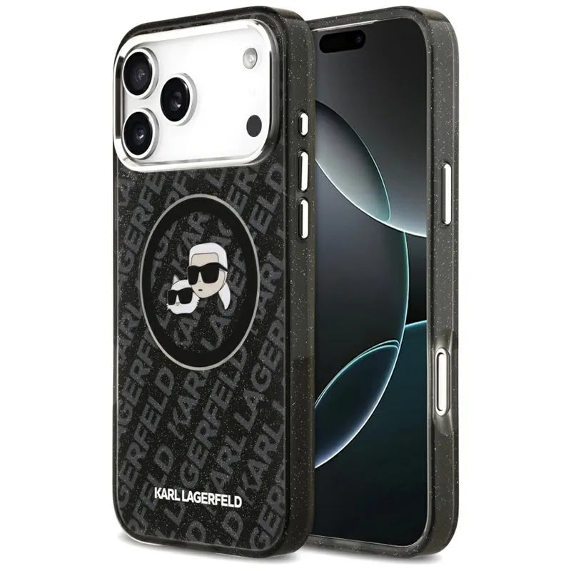 Karl Lagerfeld IML Glitter Karl & Choupette Heads Logo MagSafe – dėklas iPhone 17 Pro Max (juodas)