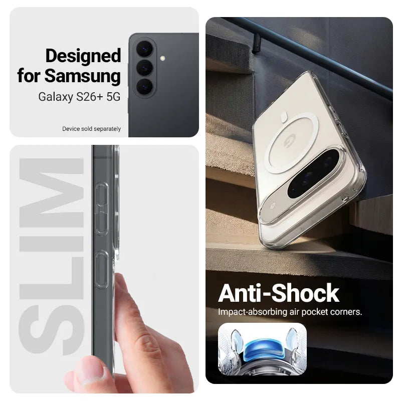 Crong Hybrid Clear Magnetic – „MagSafe“ dėklas, skirtas Samsung Galaxy S26+ (skaidrus)