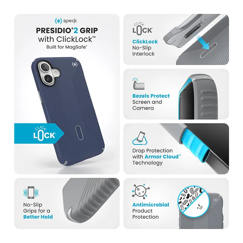 Speck Presidio2 Grip ClickLock & MagSafe – iPhone 16 Plus dėklas (pakrantės mėlyna / dulkėta pilka / balta)