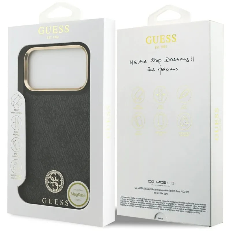 Guess 4G Strass Logo MagSafe – dėklas iPhone 17 Pro Max (juodas)