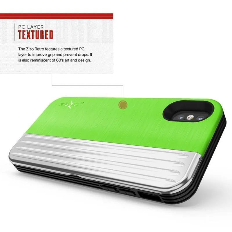 „Zizo Retro Series“ – nugarėlės tipo dėklas su pinigine, magnetiniu užsegimu ir integruotu stoveliu, skirtas „iPhone Xs / X“ (neoninė žalia/sidabrinė)